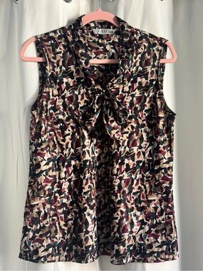 Kasper multicolored abstract print blouse with tie front detail, size M